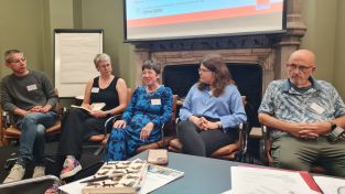 A panel of five people participating in the obesity forum. Left to right: Hassan Kahal, Emma Vincent, Sally Hogg, Catherine Wynn, and Ken Clare.